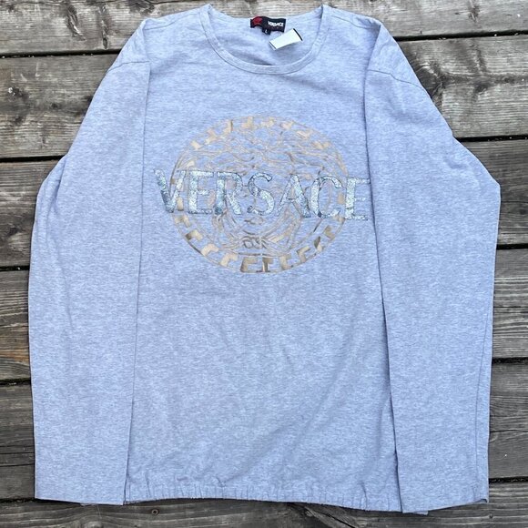 Vintage 90s Versace Sport Sweater Large Gray Big Logo - Picture 1 of 15